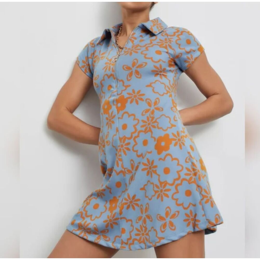 Urban Outfitters Arla Mini Dress Blue Orange Floral Collared Zip Front Small